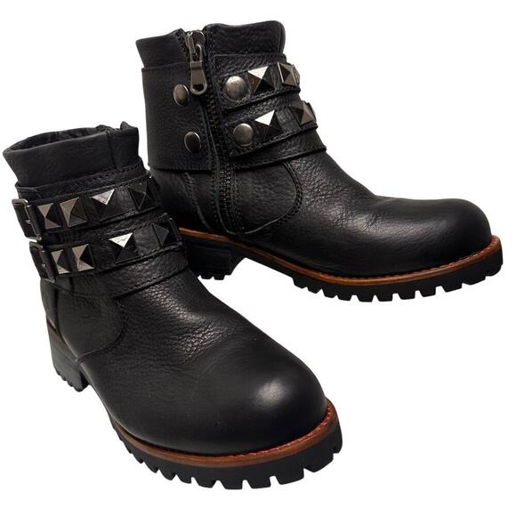 KLR Black Leather Boots Womens Sz 9 Moto Combat Side Zip Removeable Stud Straps - Picture 1 of 13